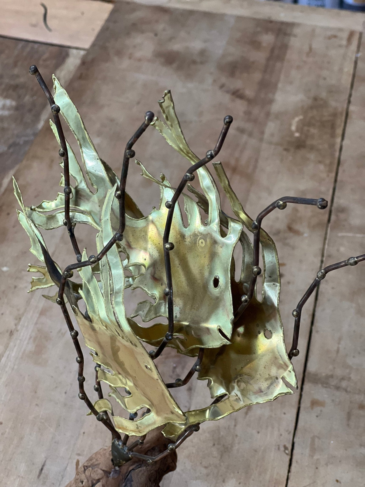 Vintage M. Hinz Signed Brass & Driftwood Marine Fish Sculpture (1987) – 12" x 8" 