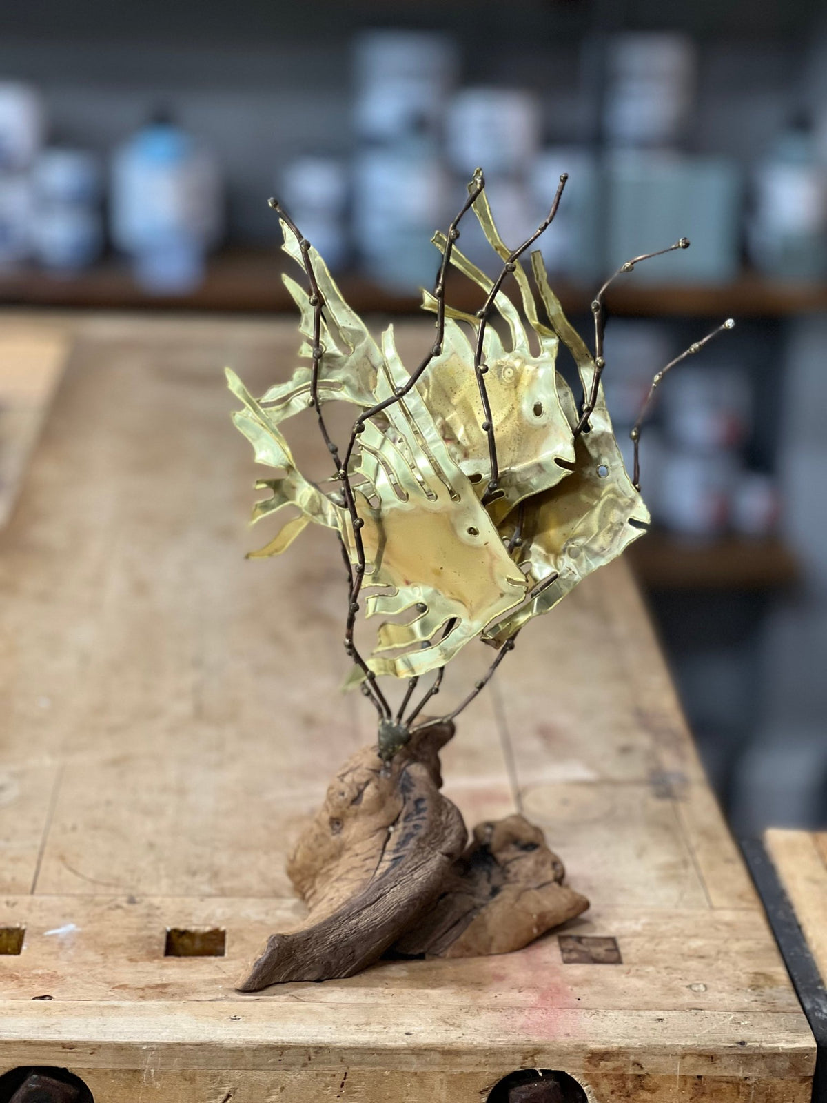Vintage M. Hinz Signed Brass & Driftwood Marine Fish Sculpture (1987) – 12" x 8" 