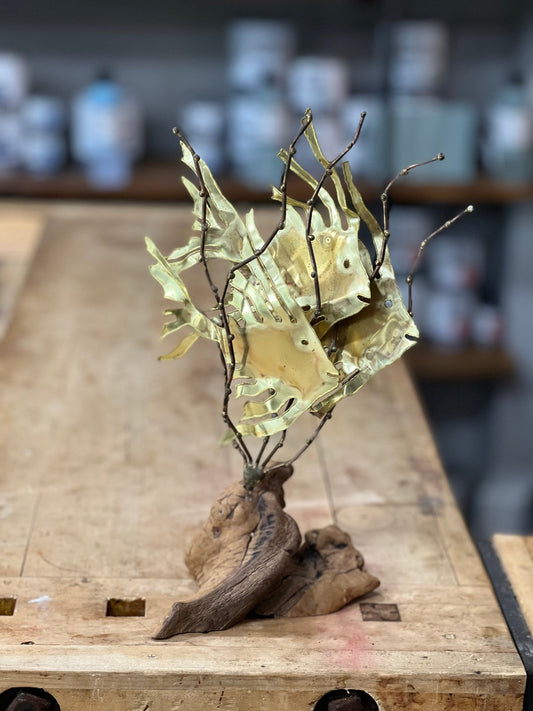 Vintage M. Hinz Signed Brass & Driftwood Marine Fish Sculpture (1987) – 12" x 8" - The Mustard Seed Collection, The Seed