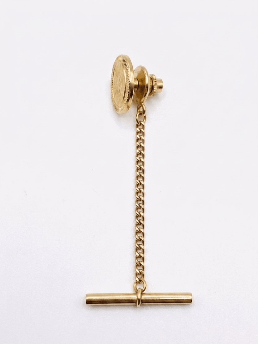 Vintage Men's Gold-Tone Textured Oval Tie Tack with Chain & T-Bar
