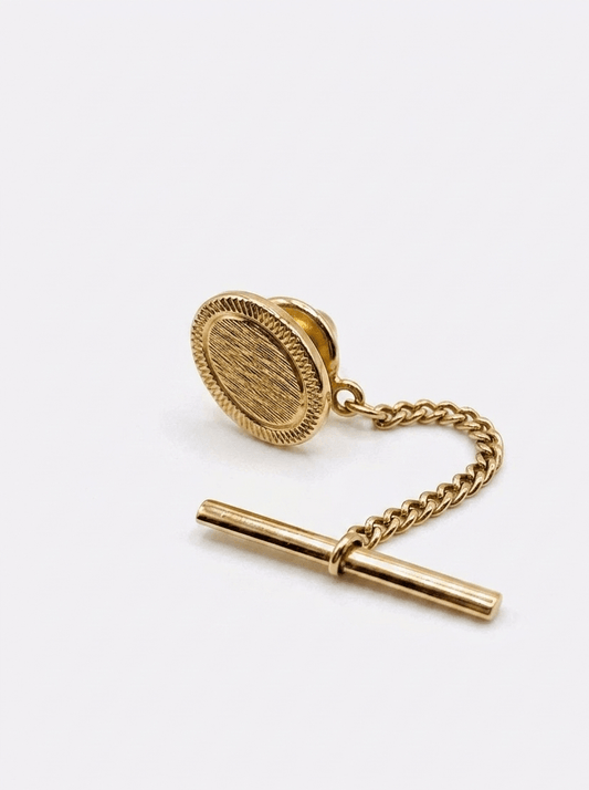 Vintage Men's Gold-Tone Textured Oval Tie Tack with Chain & T-Bar