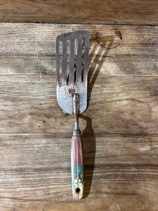 Vintage Metal Slotted Spatula with Painted Wooden Handle - The Mustard Seed Collection, The Seed