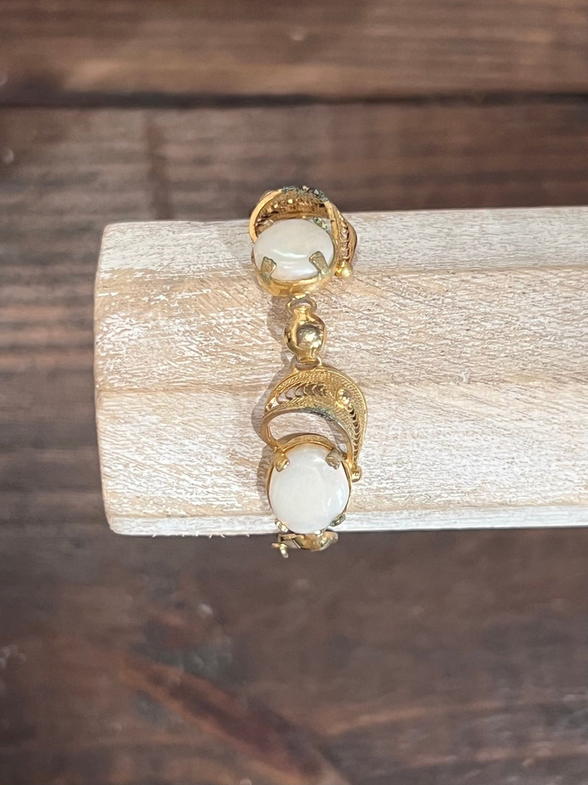 Vintage Mid-Century 12K Gold Filled White Carved Scarab Hinged Bangle Bracelet