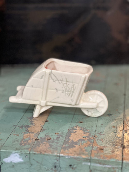 Vintage Mid-Century Ceramic Wheelbarrow Planter – Off-White Retro Kitsch Succulent Pot - The Mustard Seed Collection, The Seed