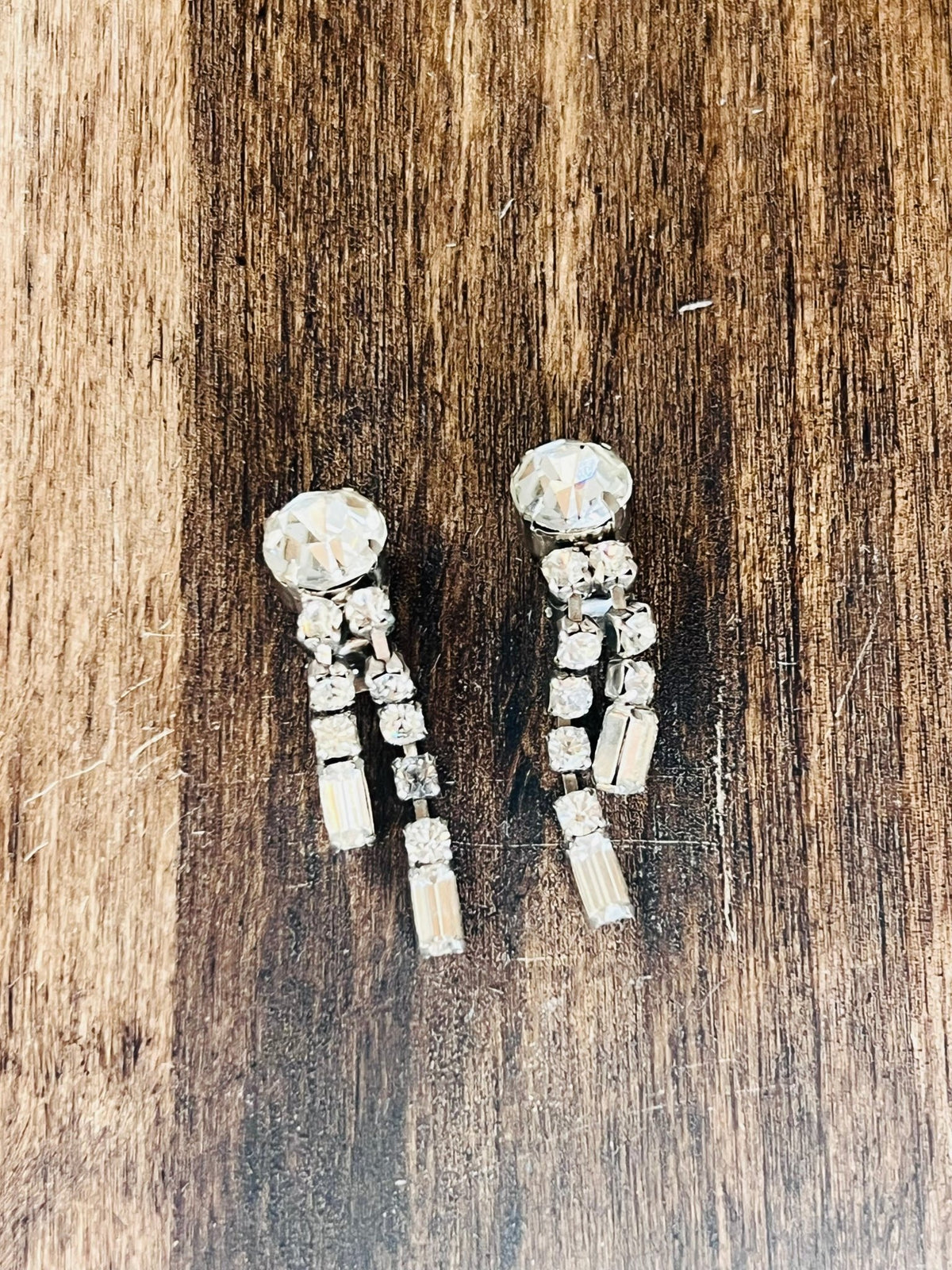 Vintage Mid-Century Mixed-Cut Rhinestone Linear Drop Clip-On Earrings