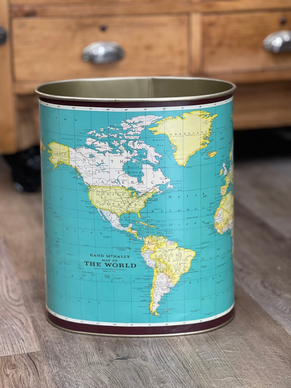 Vintage Mid-Century Rand McNally World Map Metal Wastebasket – J.L. Clark Litho Trash Can
