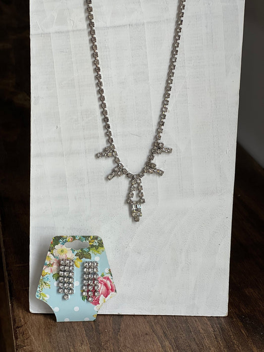 Vintage Mid-Century Rhinestone Festoon Necklace & Screw-Back Earrings Set
