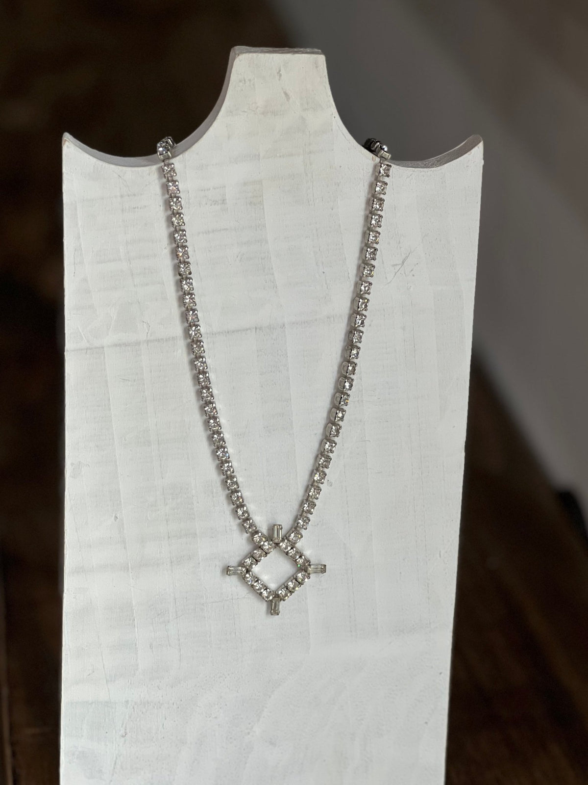 Vintage Mid-Century Rhinestone Tennis Chain & Geometric Pendant Necklace