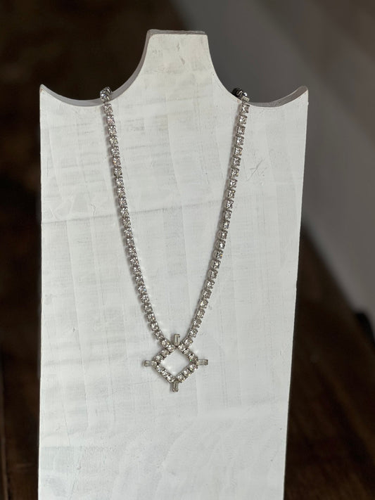 Vintage Mid-Century Rhinestone Tennis Chain & Geometric Pendant Necklace