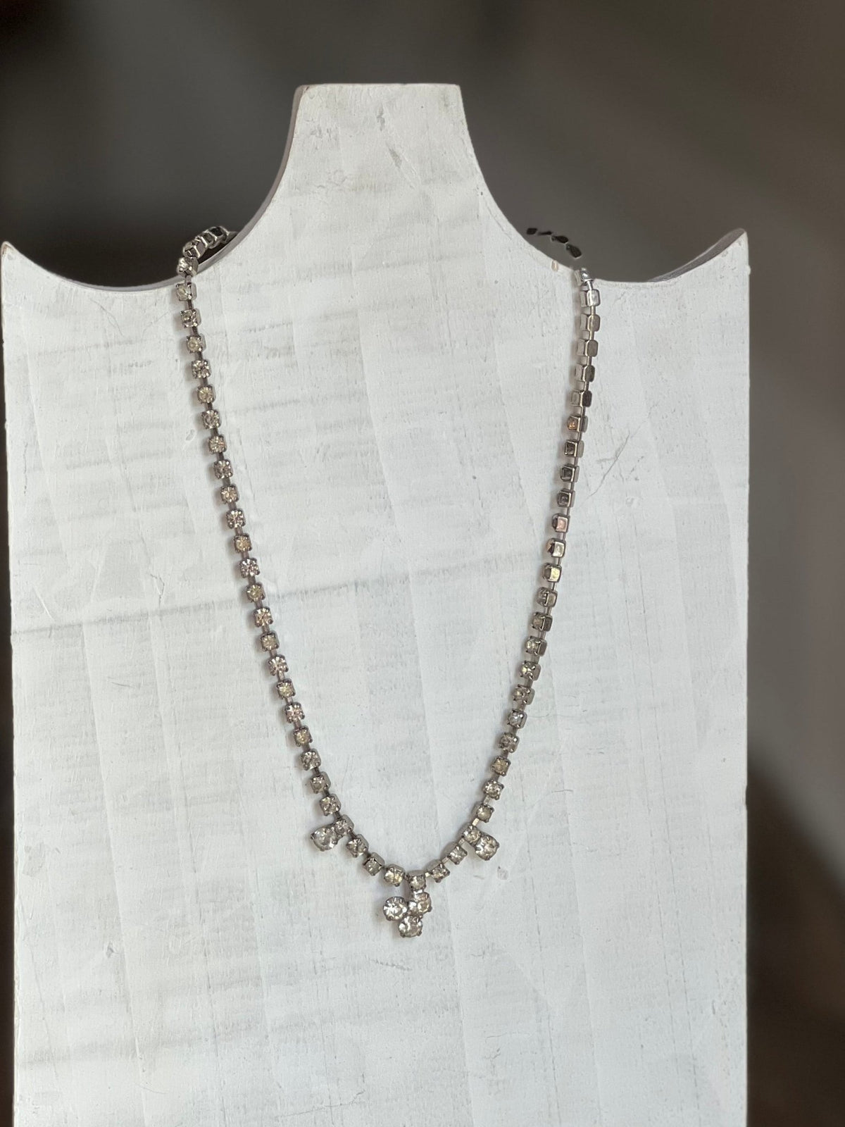 Vintage Mid-Century Rhinestone Tennis Choker with Dainty Trio Pendant