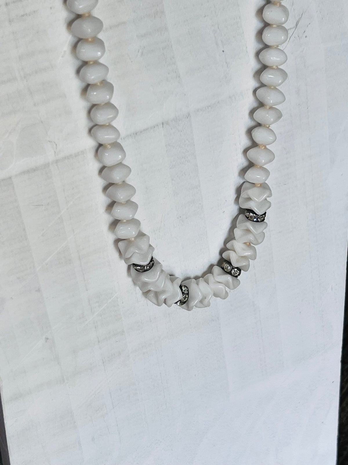 Vintage Mid-Century Signed West Germany Sculpted Milk Glass and Rhinestone Collar NecklaceNecklaca