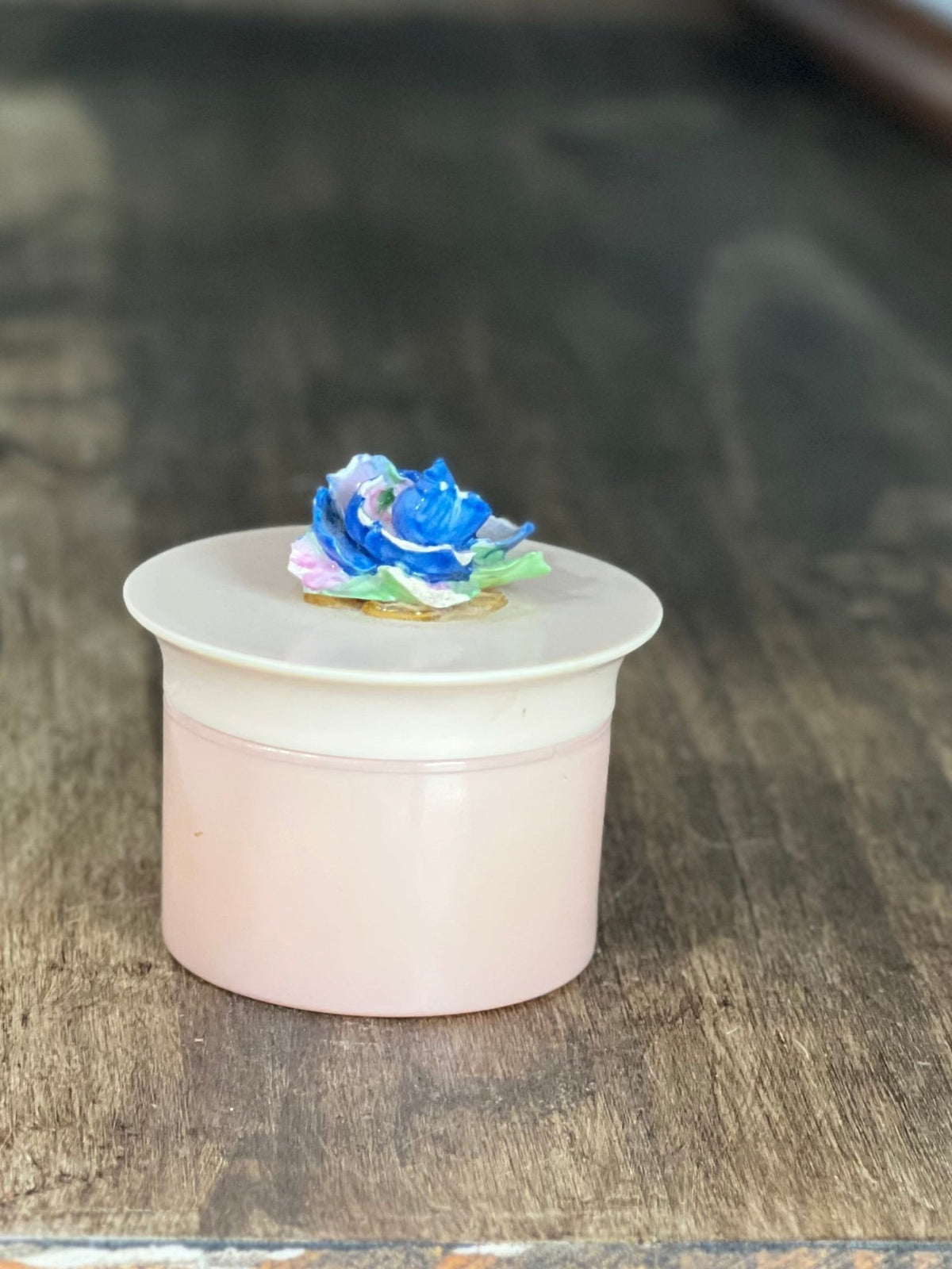 Vintage Peach Opal Glass Vanity Cosmetic Jar with Blue Rose Lid (2.5" x 2.75")trinket box