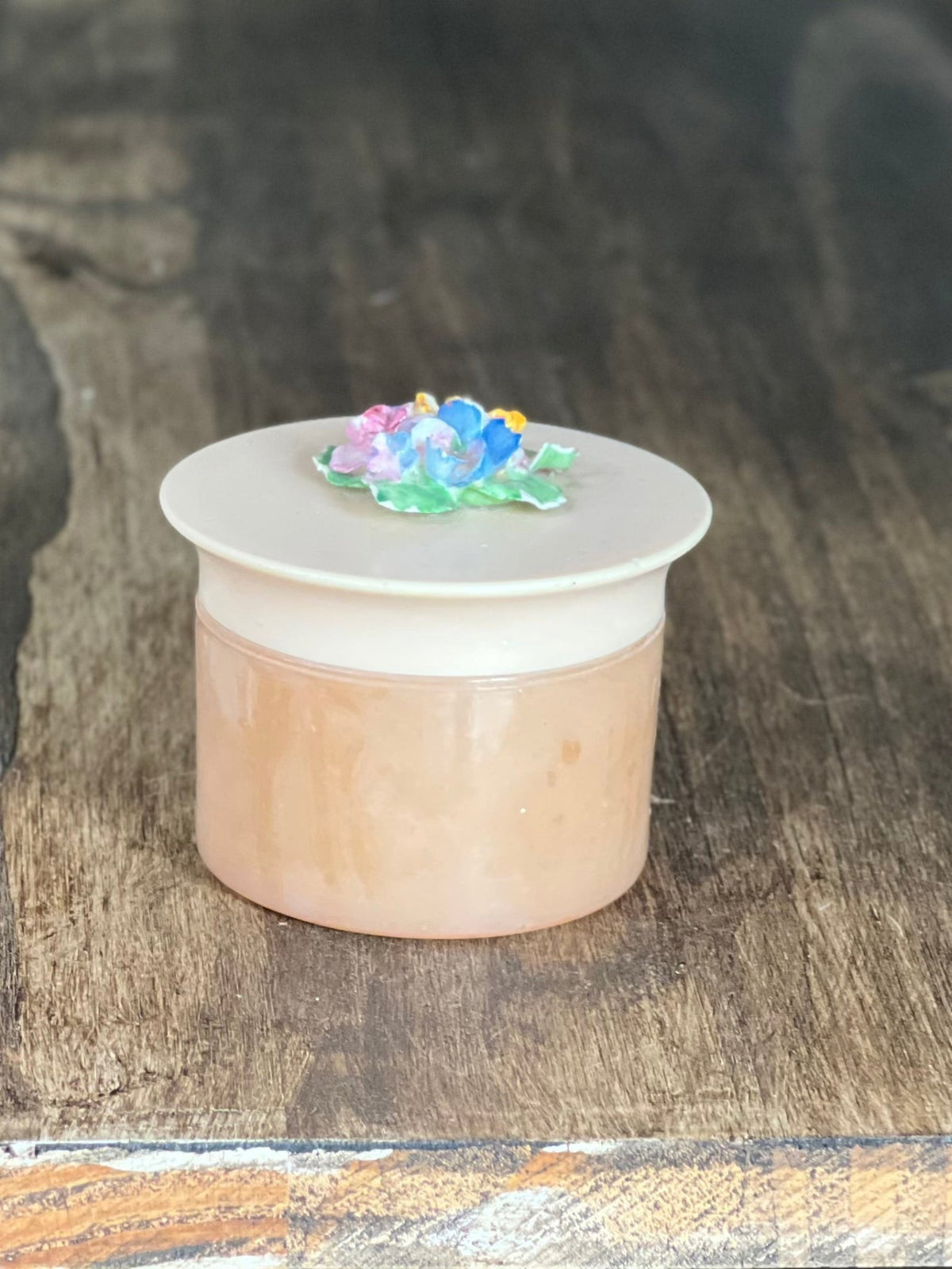 Vintage Peach Opal Glass Vanity Cosmetic Jar with Floral Lid (2.5" x 2.75")trinket box
