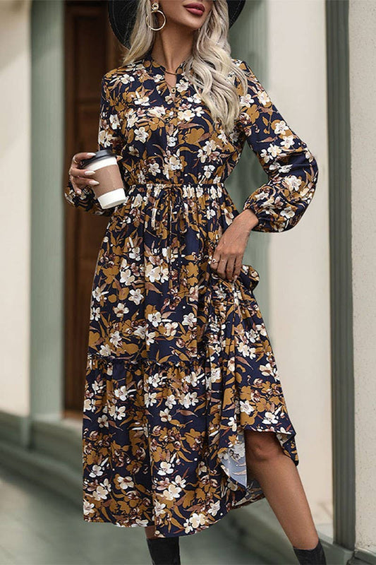 VINTAGE PRINT LONG SLEEVE V NECK DRESS: NAVY / L