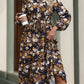 VINTAGE PRINT LONG SLEEVE V NECK DRESS: NAVY / L