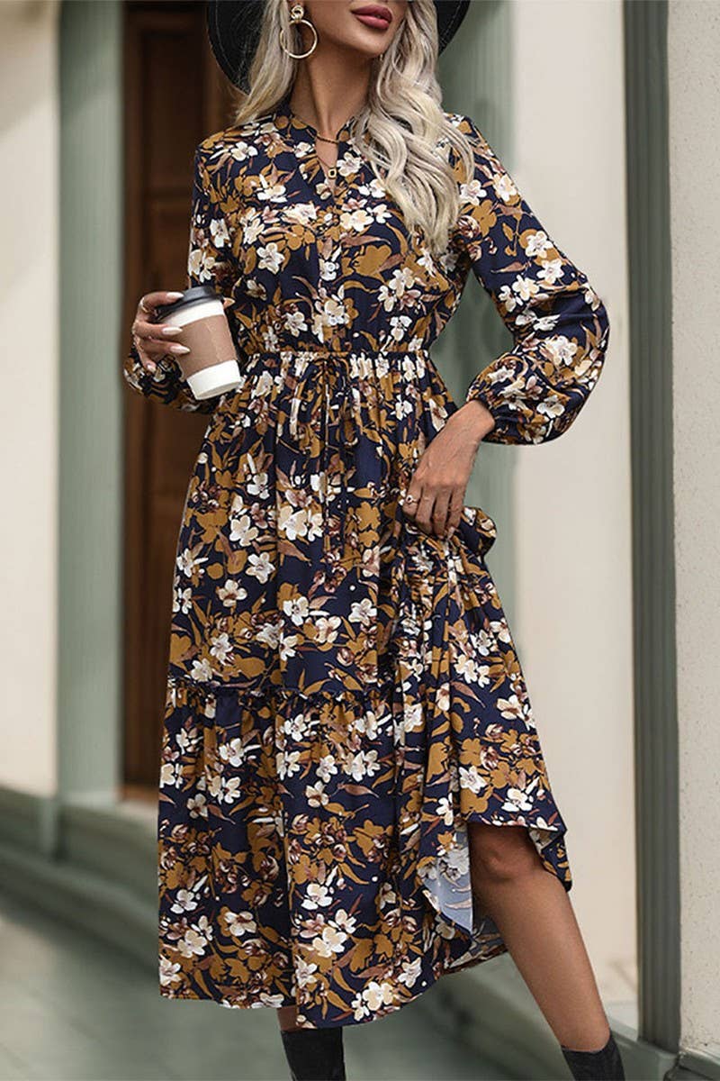 VINTAGE PRINT LONG SLEEVE V NECK DRESS: NAVY / L