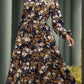 VINTAGE PRINT LONG SLEEVE V NECK DRESS: NAVY / L