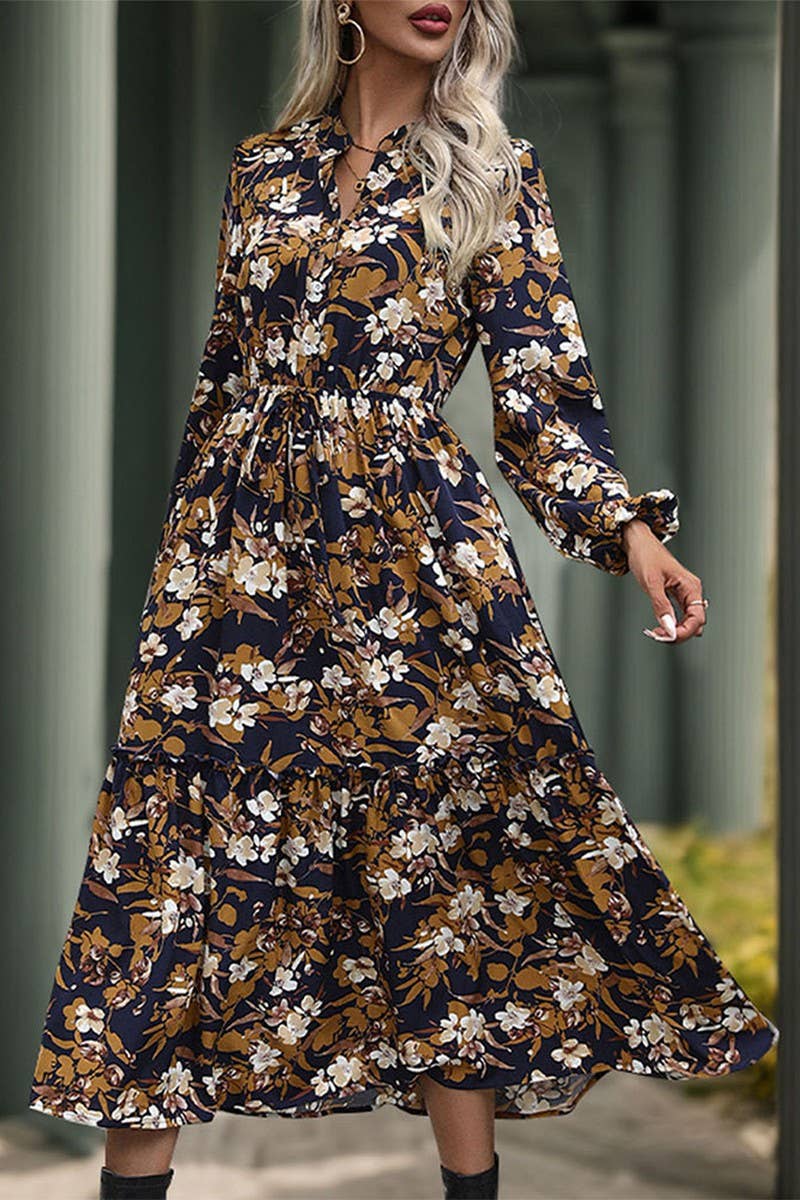 VINTAGE PRINT LONG SLEEVE V NECK DRESS: NAVY / L