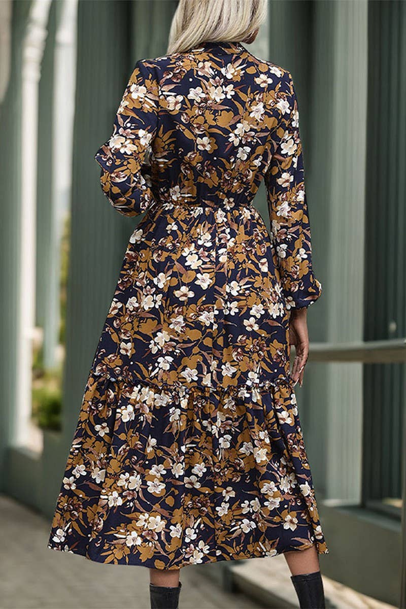 VINTAGE PRINT LONG SLEEVE V NECK DRESS: NAVY / L