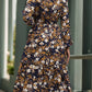 VINTAGE PRINT LONG SLEEVE V NECK DRESS: NAVY / XL