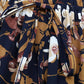 VINTAGE PRINT LONG SLEEVE V NECK DRESS: NAVY / XL