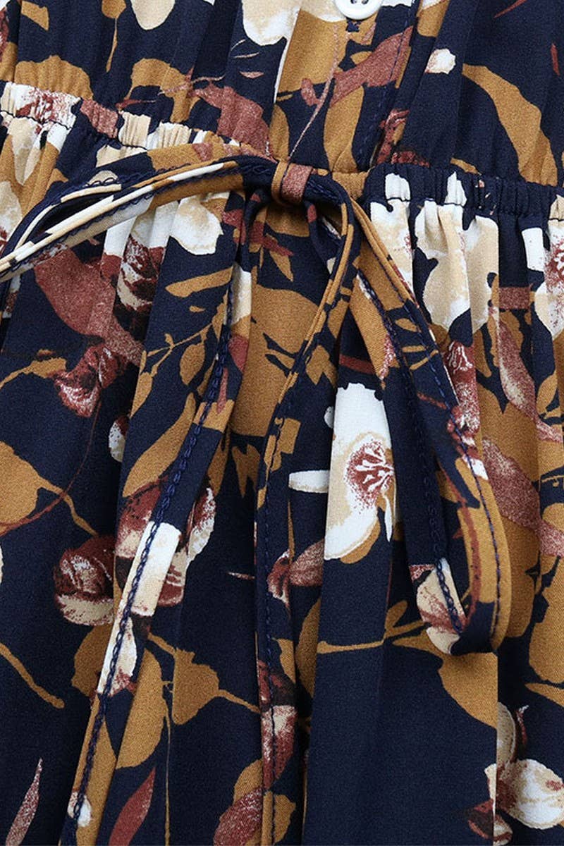 VINTAGE PRINT LONG SLEEVE V NECK DRESS: NAVY / XL