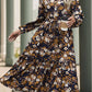 VINTAGE PRINT LONG SLEEVE V NECK DRESS: NAVY / XL