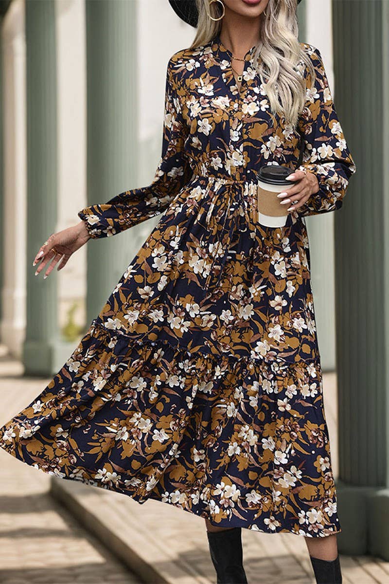 VINTAGE PRINT LONG SLEEVE V NECK DRESS: NAVY / XL