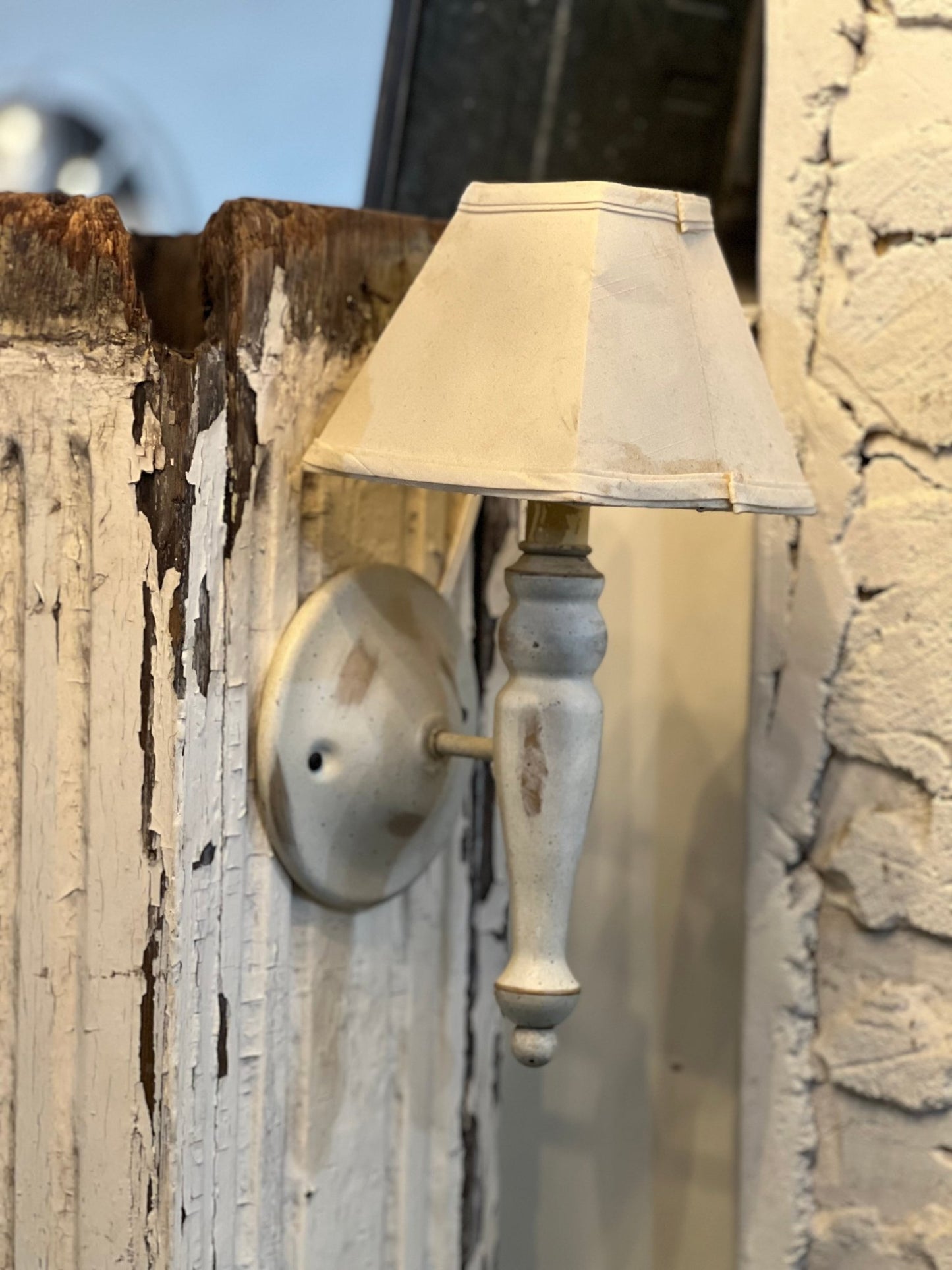 Vintage Shabby Chic Wall Sconce Lamp - Distressed White Turned Wood Accent Light with Shade - The Mustard Seed Collection, The Seed
