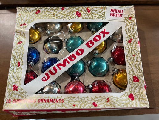 Vintage Shiny Brite Glass Christmas Ornaments – Original Jumbo Box, 18 Ornaments, 17 Jumbo, 1 Medium