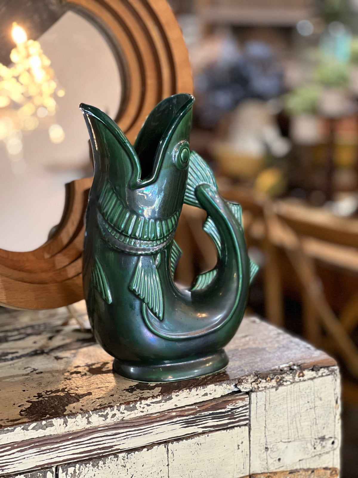 Vintage Shreve, Crump & Low Co. "Gurgling Cod" Fish Pitcher Vase – Iridescent Green Glaze (Made in England) - The Mustard Seed Collection, The Seed