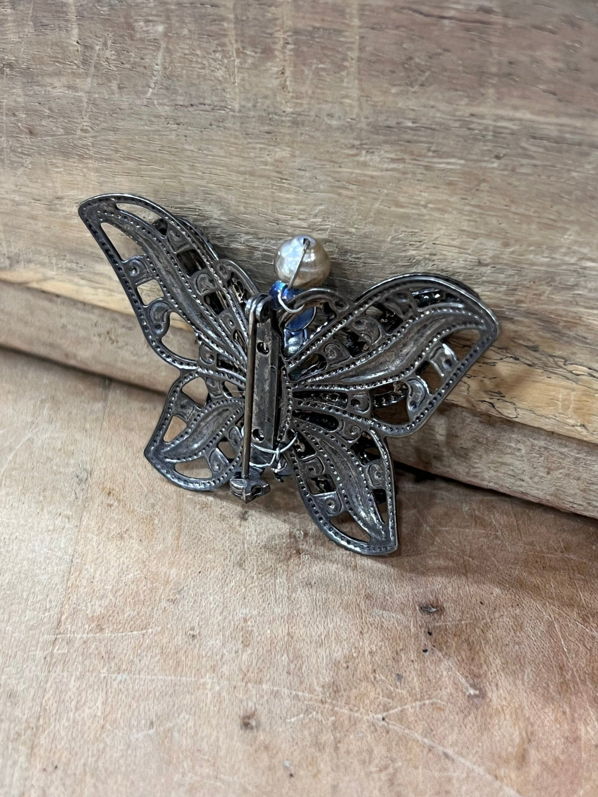Vintage Silver Filigree Butterfly Brooch with Blue Glass Beads & Pearls