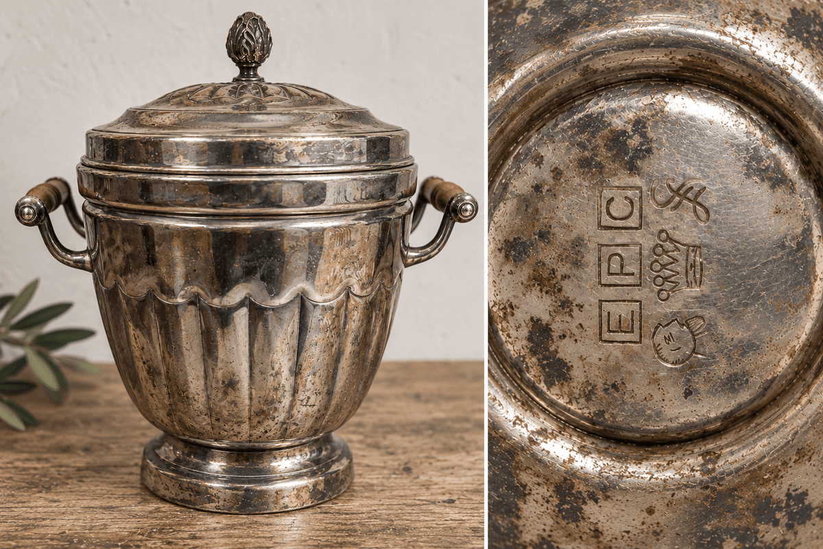 Vintage Silver Plate Covered Ice Bucket with Wooden HandlesVintage Ice Bucket