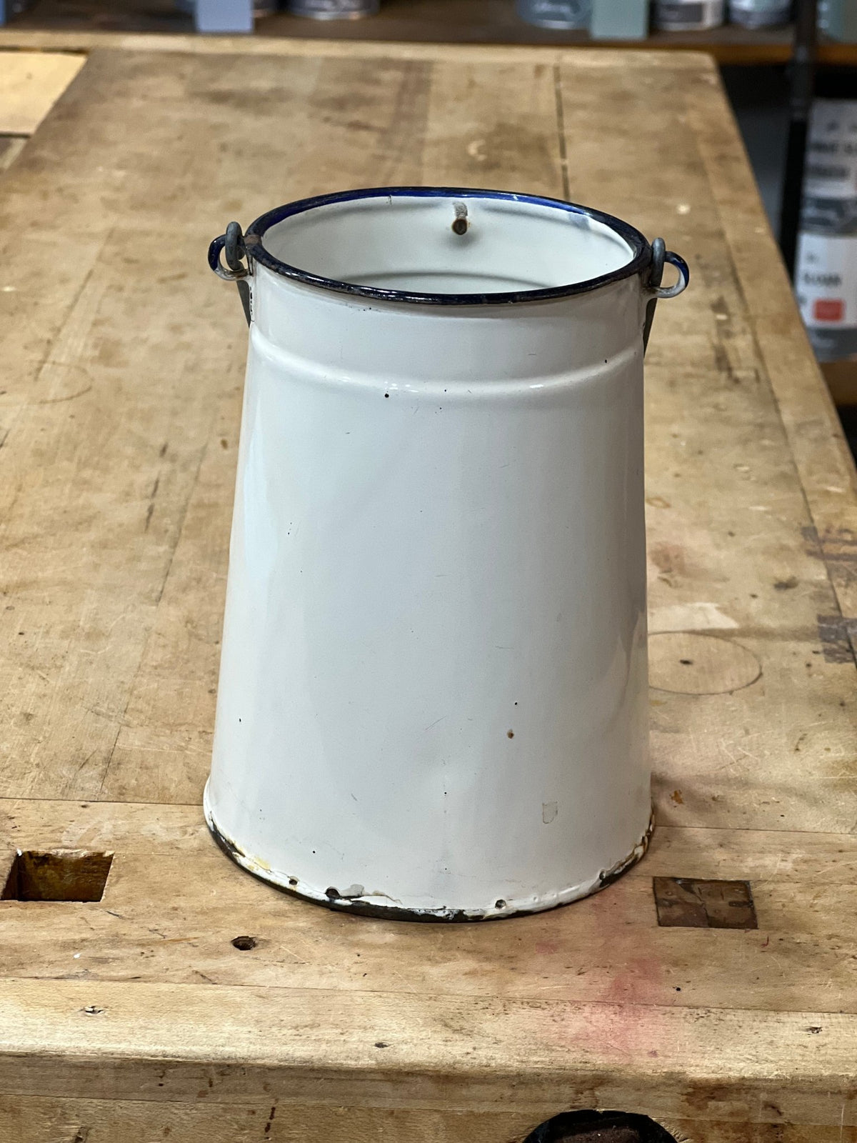 Vintage White Enamelware Milk Can Caddy with Metal Bail Handle