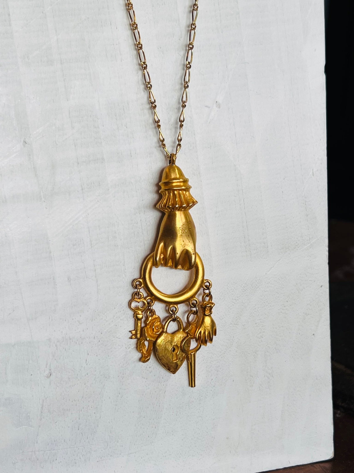 Vintage Victorian Revival Hand & Heart Charm Pendant Necklace - 36"Necklaces