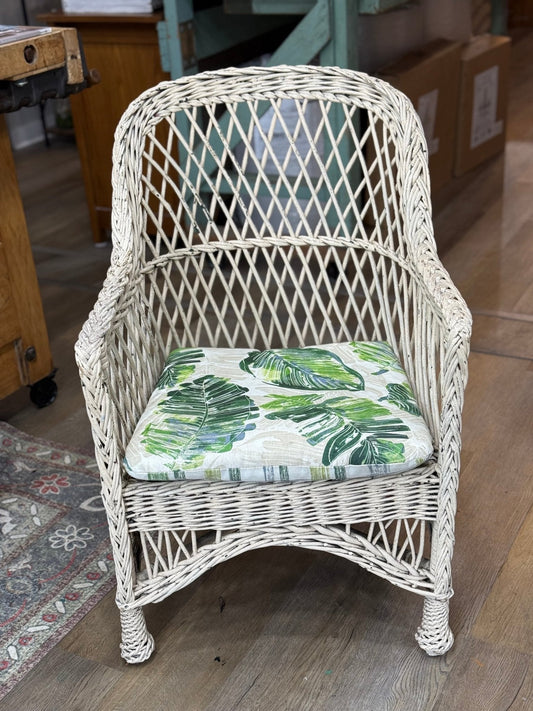 Vintage White Wicker Chair with Cushion - The Mustard Seed Collection, The Seed