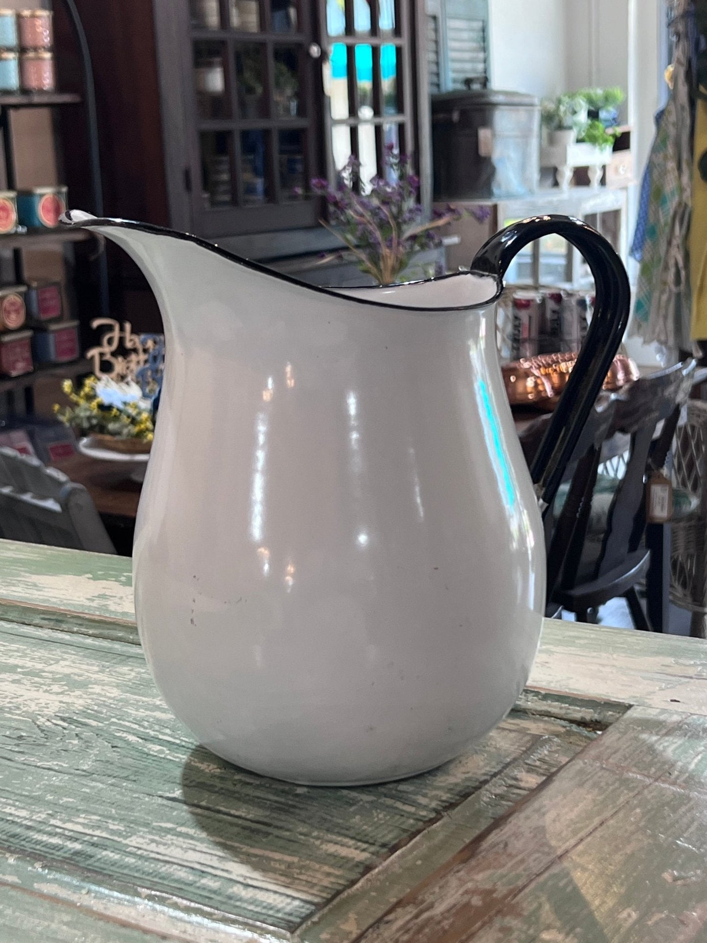 Vintage White with Black rim and handle Water Pitcher