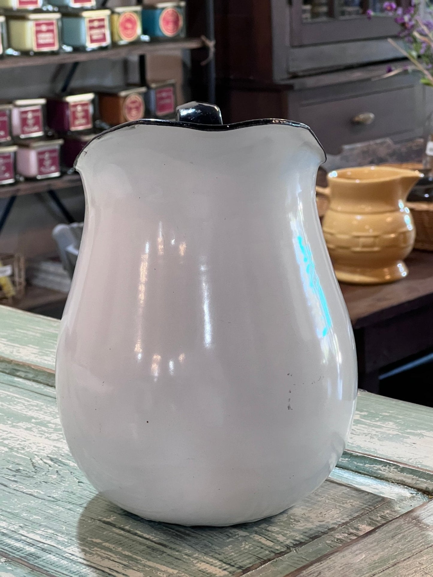 Vintage White with Black rim and handle Water Pitcher