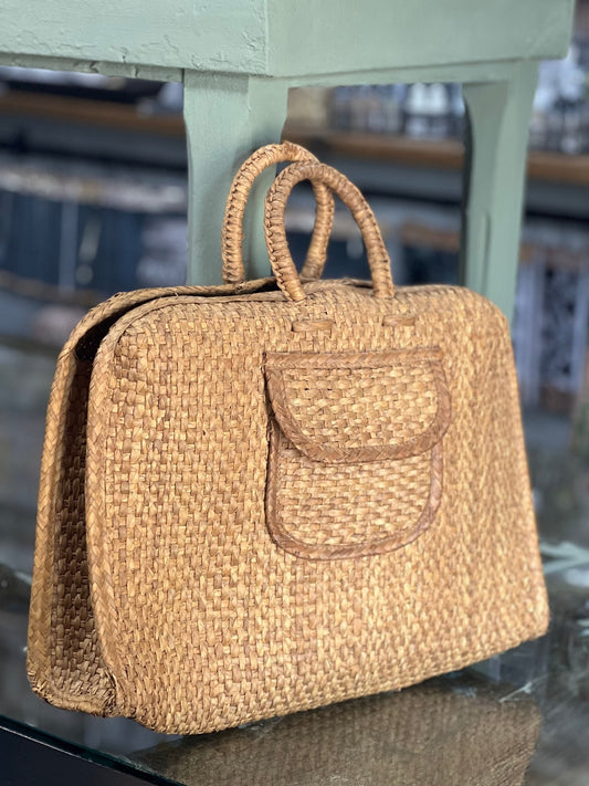 Vintage Woven Straw Briefcase Tote Bag 