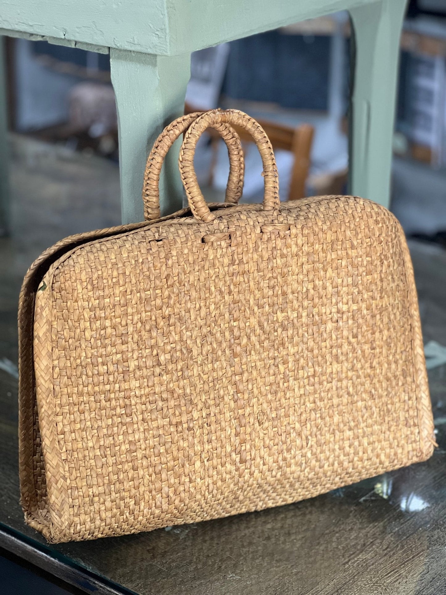 Vintage Woven Straw Briefcase Tote Bag 
