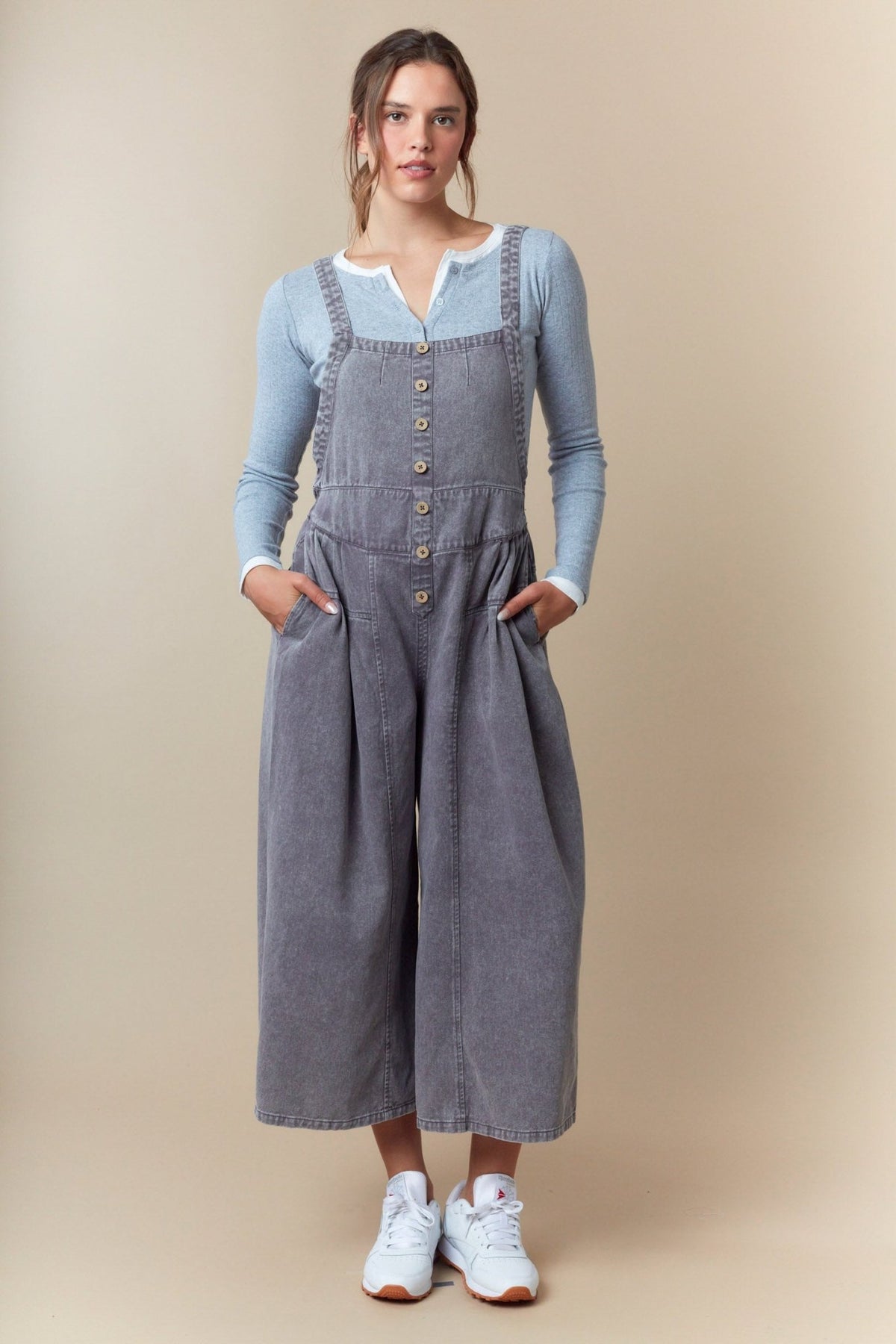 Washed Denim Pull Up Tuck Pleated Detailed Wide Roll Up Jumpsuit - The Mustard Seed Collection, The Seed