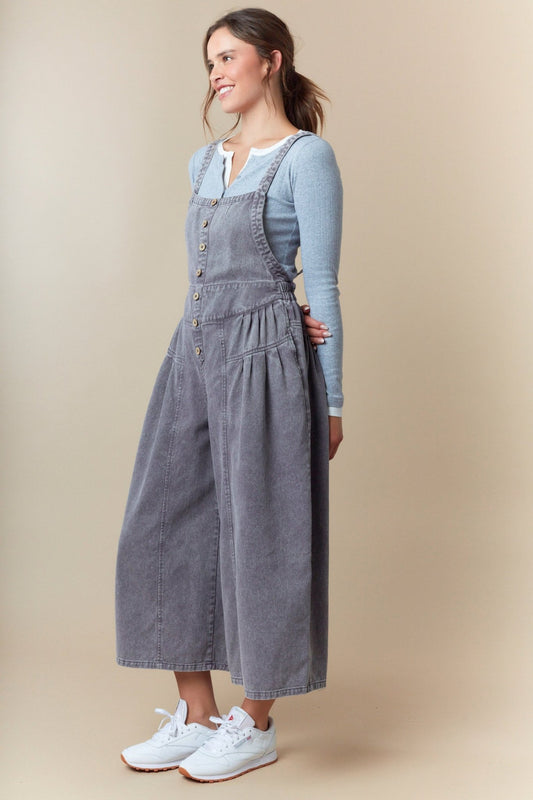 Washed Denim Pull Up Tuck Pleated Detailed Wide Roll Up Jumpsuit - The Mustard Seed Collection, The Seed