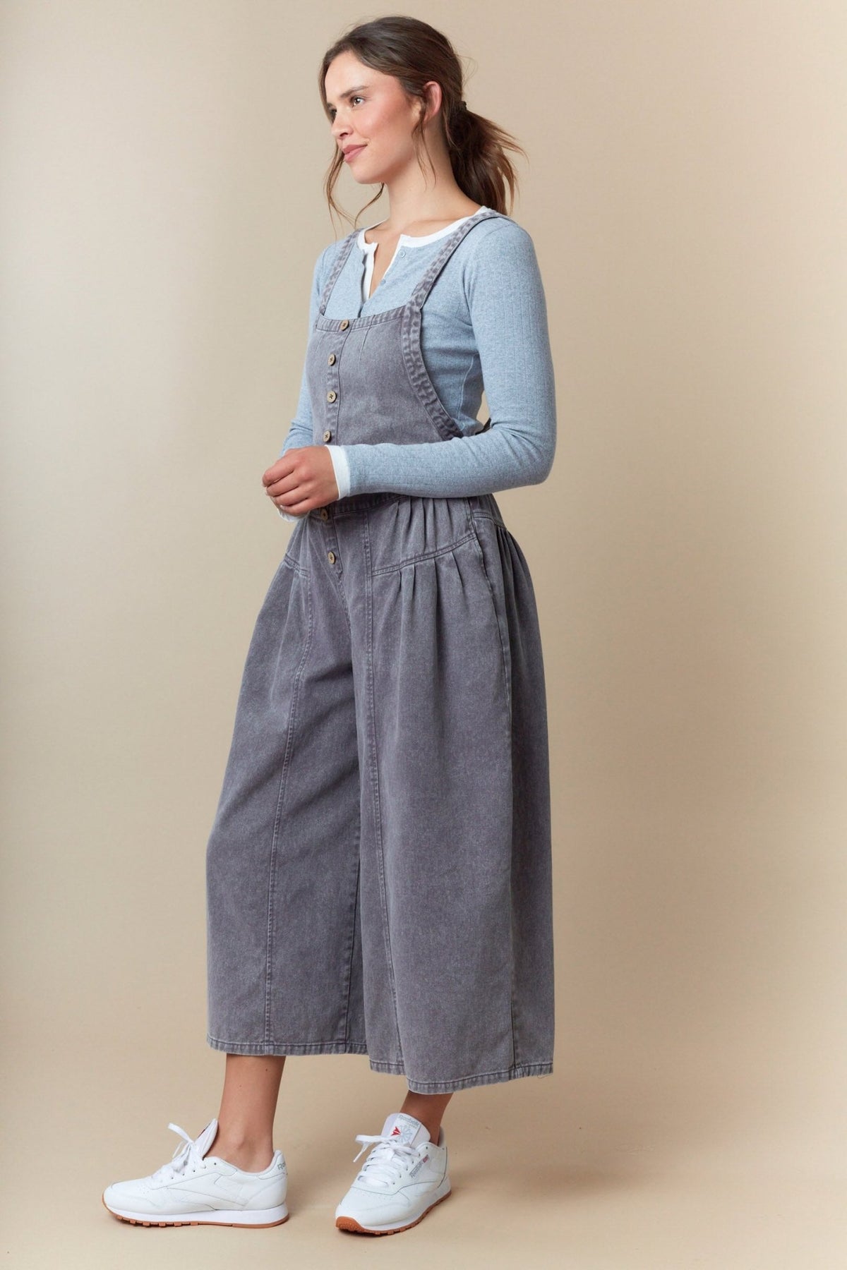 Washed Denim Pull Up Tuck Pleated Detailed Wide Roll Up Jumpsuit - The Mustard Seed Collection, The Seed