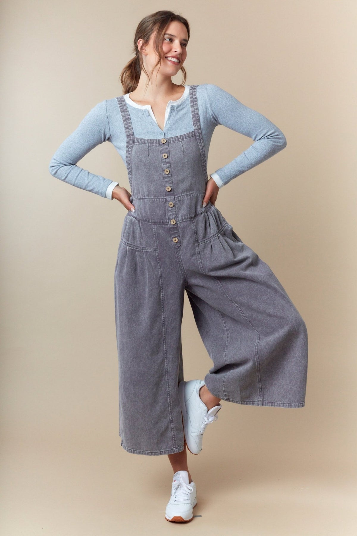 Washed Denim Pull Up Tuck Pleated Detailed Wide Roll Up Jumpsuit - The Mustard Seed Collection, The Seed
