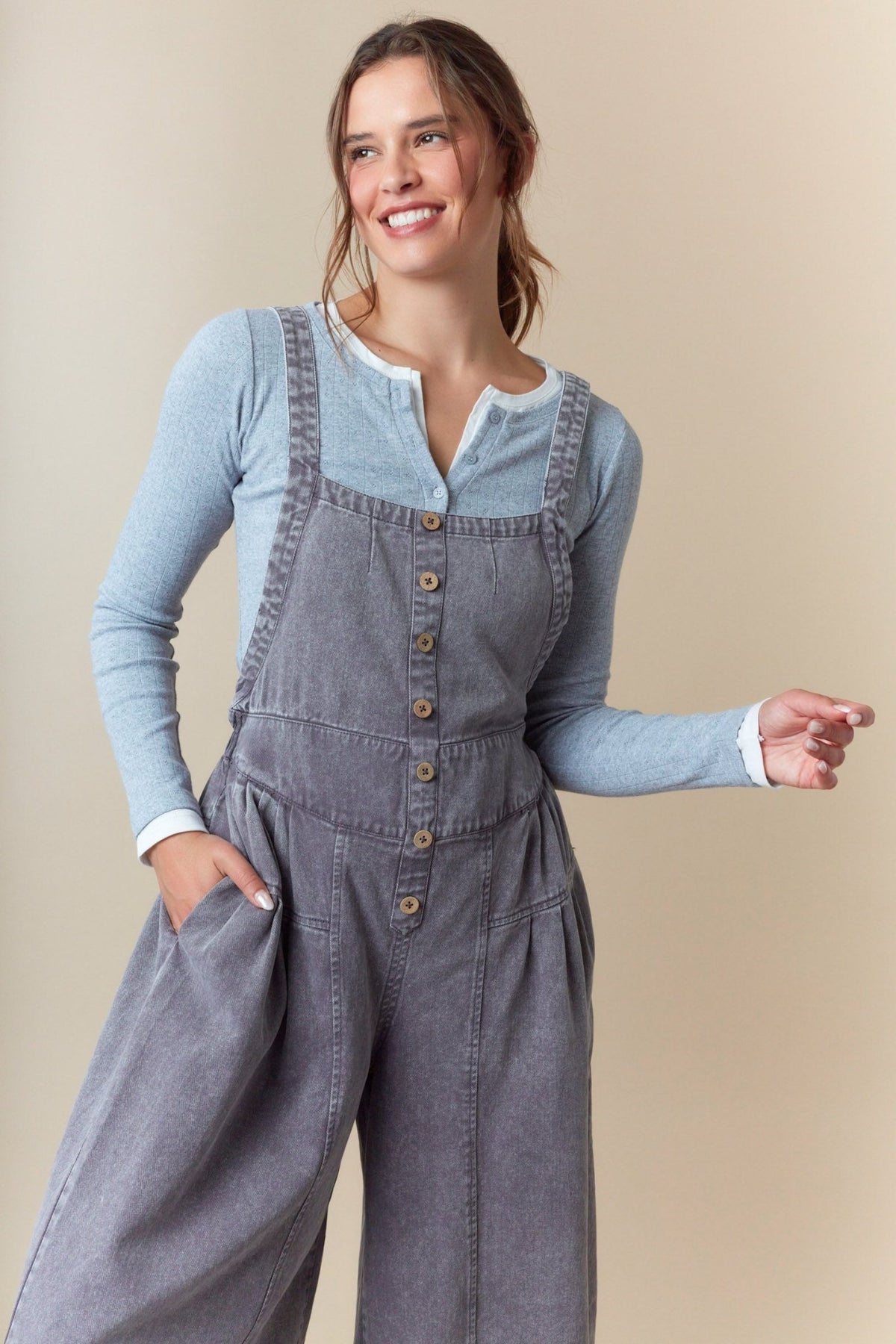 Washed Denim Pull Up Tuck Pleated Detailed Wide Roll Up Jumpsuit - The Mustard Seed Collection, The Seed