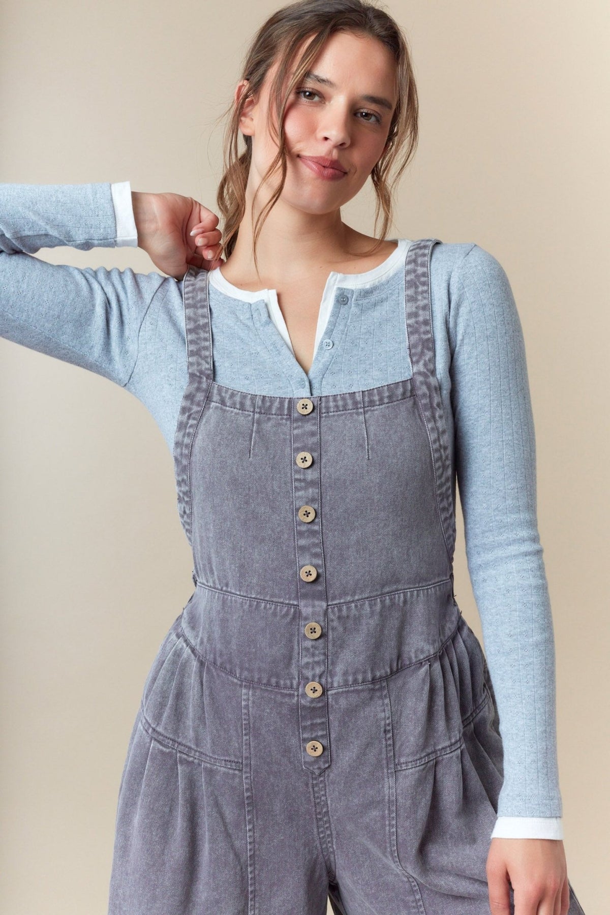 Washed Denim Pull Up Tuck Pleated Detailed Wide Roll Up Jumpsuit - The Mustard Seed Collection, The Seed