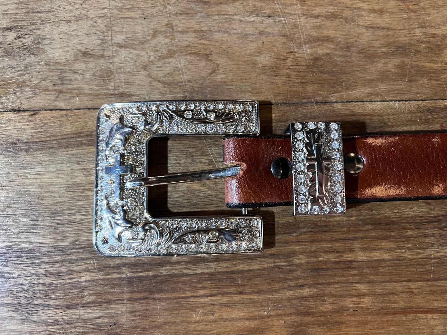 Western Tooled Leather Name Belt - Custom BENTLY Rhinestone Cross Buckle - The Mustard Seed Collection, The Seed