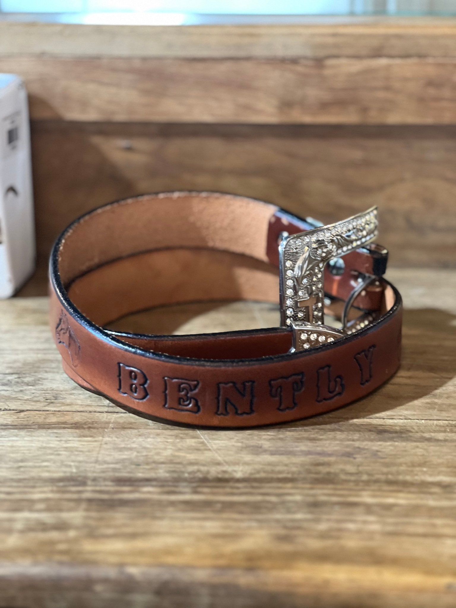 Western Tooled Leather Name Belt - Custom BENTLY Rhinestone Cross Buckle - The Mustard Seed Collection, The Seed