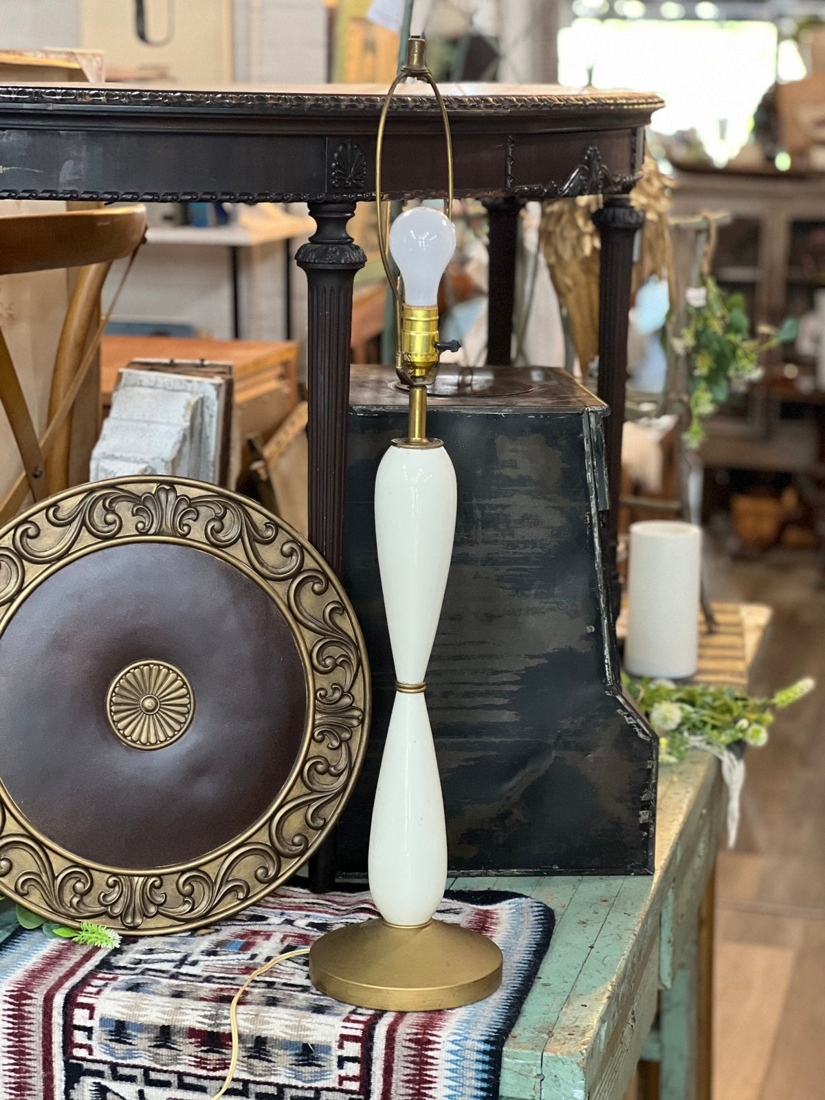 White & Brass Mid-Century Lamp, No Shade 
