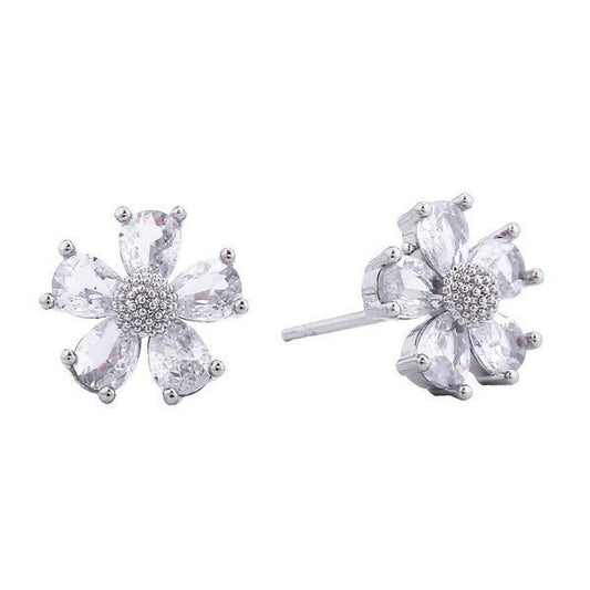 White Gold Dipped Cubic Zirconia Flower Stud Earrings - The Mustard Seed Collection, The Seed